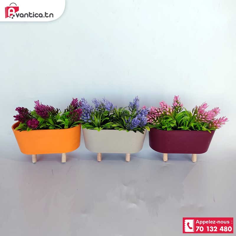 Pot décoratif sur pied en bois avec Fleurs artificielles - Avantica