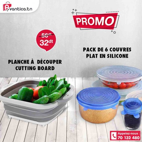 Pack cuisine Cutting board + 6 couvre plat en silicone